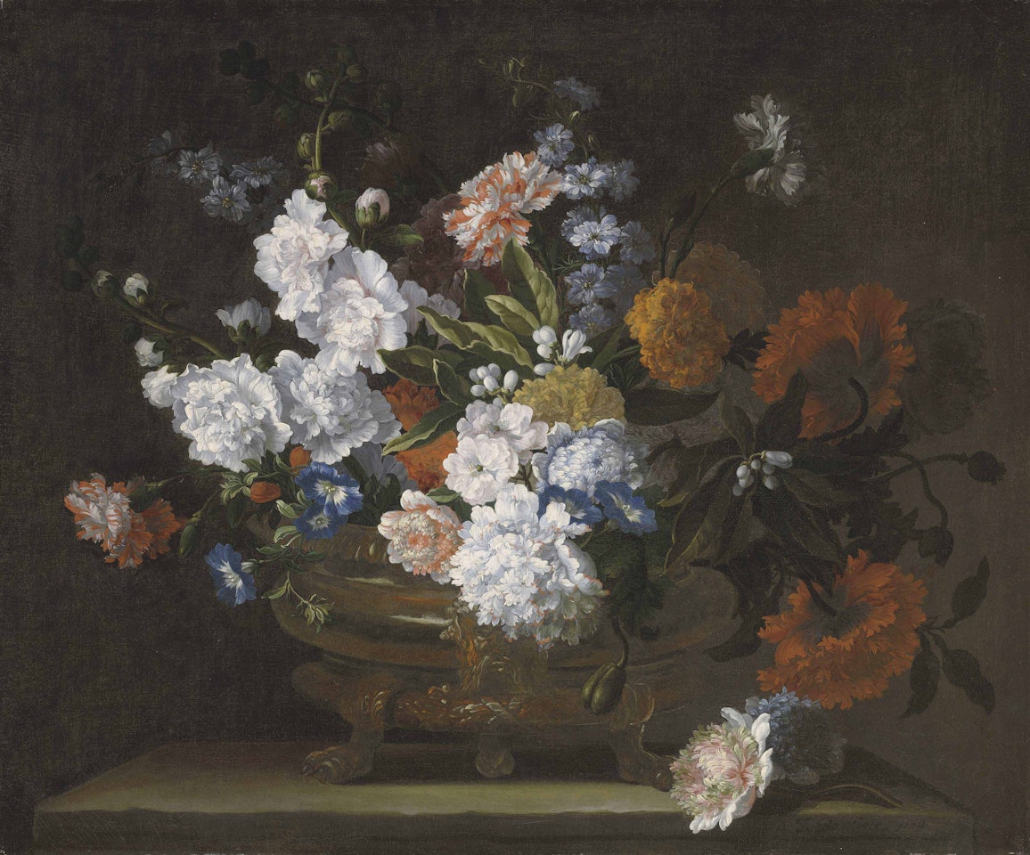 Peonies, carnations, poppies and auriculae in a bronze urn on a stone ledge by Jean Baptiste Monnoyer
