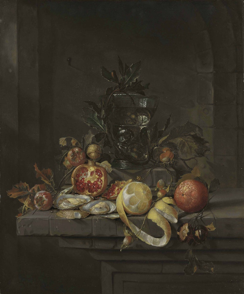 Pomegranates, chestnuts, a walnut, an orange, and a partially peeled lemon, with oysters and a roemer, on a stone ledge, in a niche by Cornelis de Heem