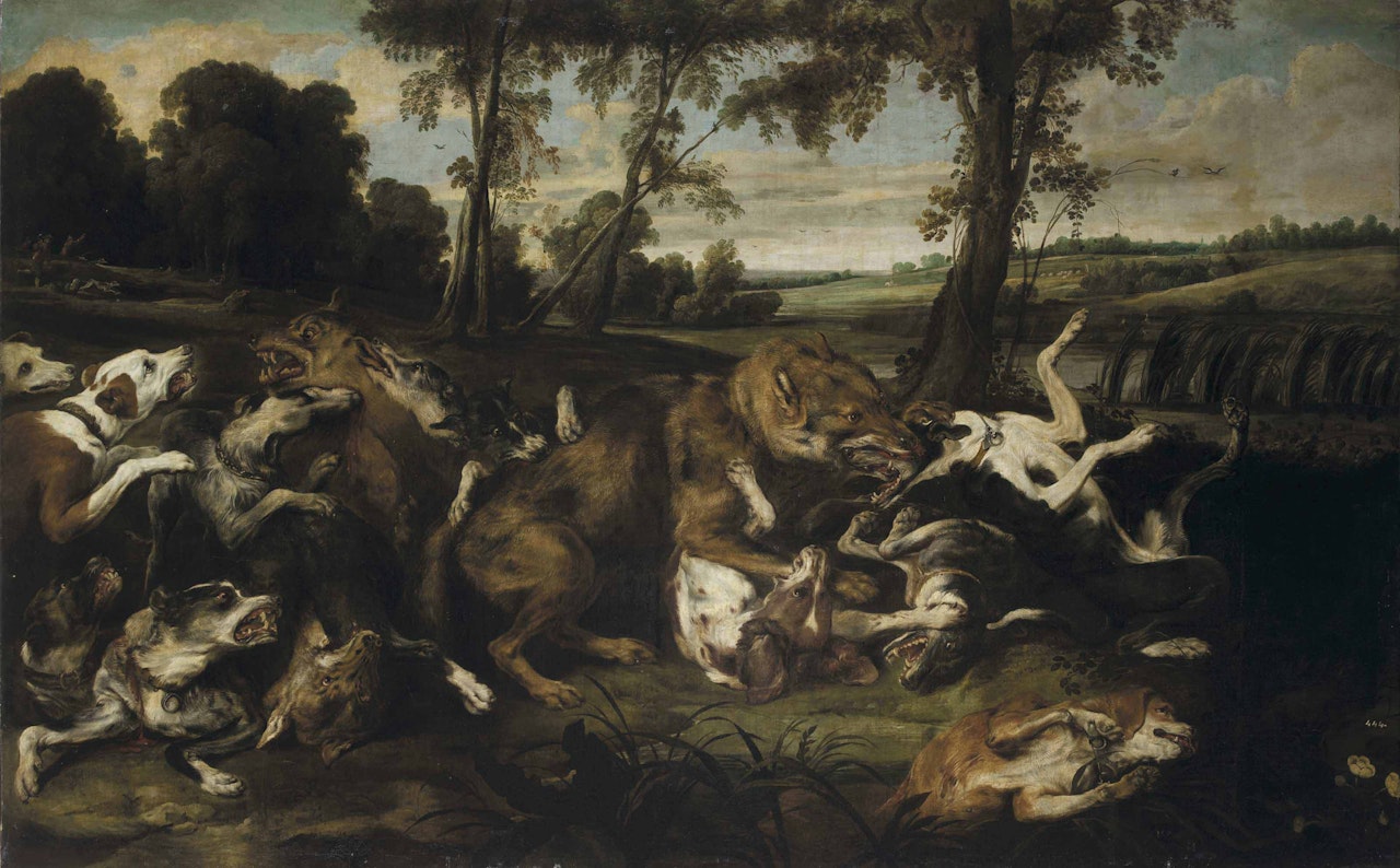 A wolf hunt with hunters emerging from a forest beyond by Frans Snyders