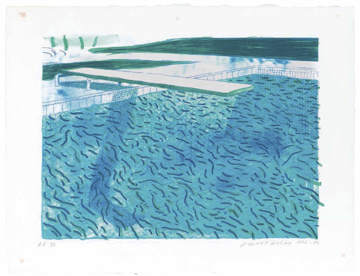Lithograph of Water made of thick and thin lines, a green wash, a light blue wash, and a dark blue wash by David Hockney