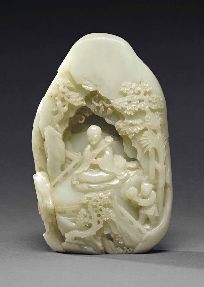 A GREENISH-WHITE JADE 'LUOHAN AND GROTTO' GROUP by Anonymous