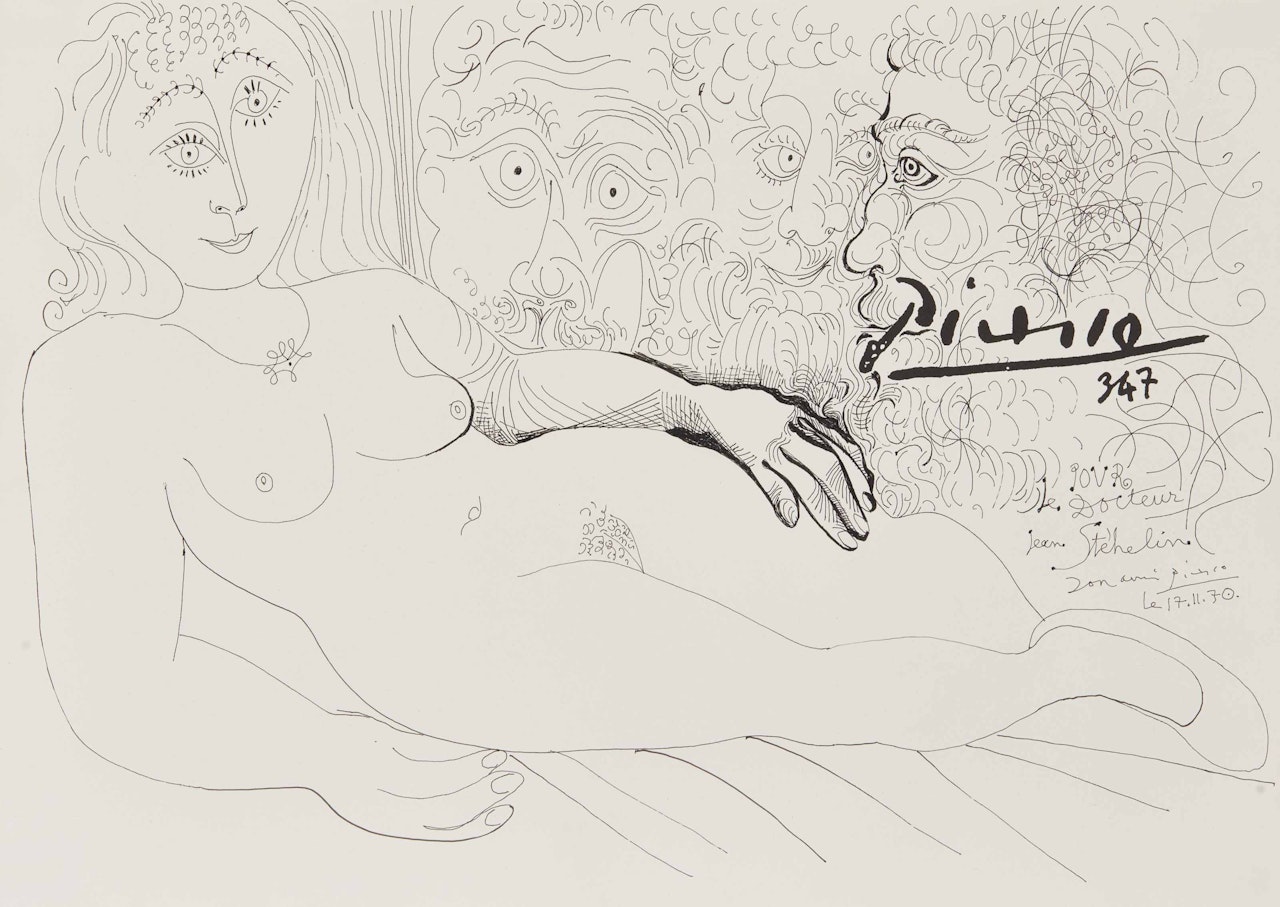 Femme nue allongée et trois têtes d'homme by Pablo Picasso