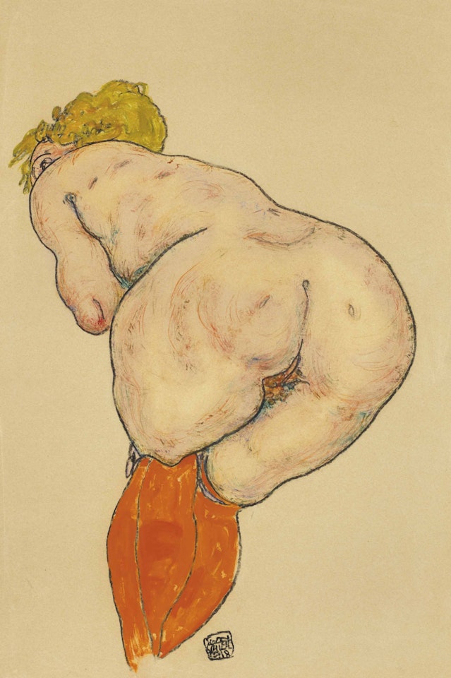 Rückenakt mit orangefarbenen Strümpfen by Egon Schiele