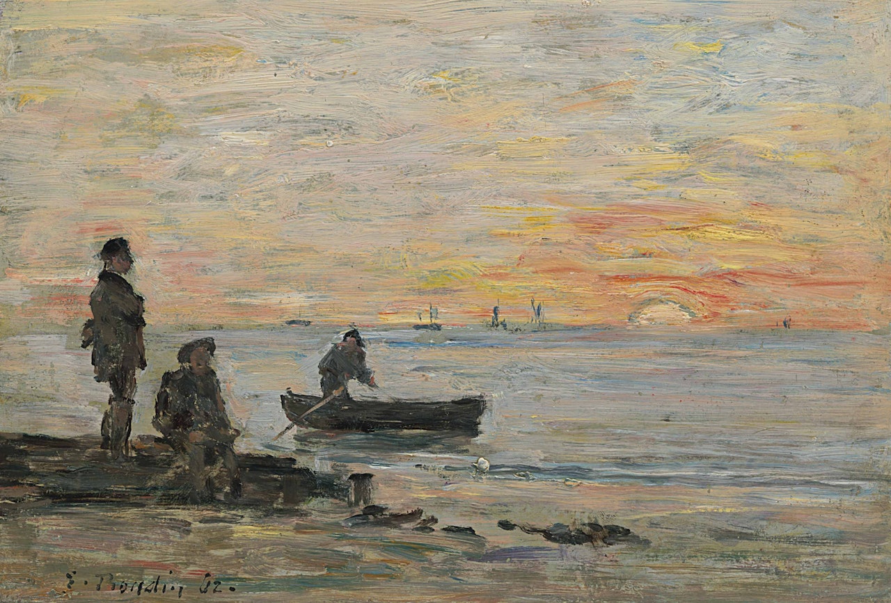 Marée basse, Rivage et pêcheurs au coucher du soleil by Eugène Boudin