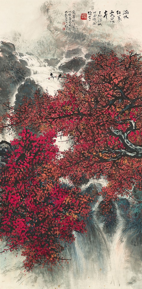 Autumn Forest and Waterfall by Li Xiongcai