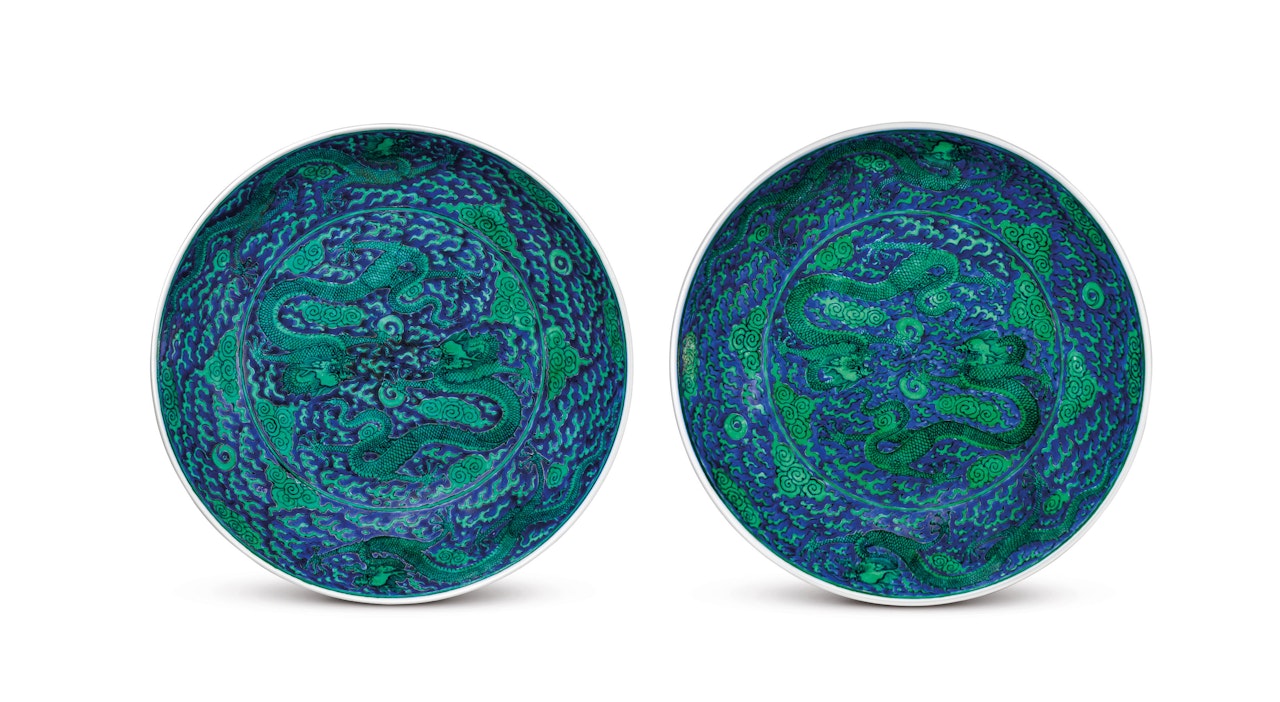A PAIR OF LARGE GREEN-ENAMELLED AND UNDERGLAZE-BLUE ‘DRAGON’ DISHES by Anonymous