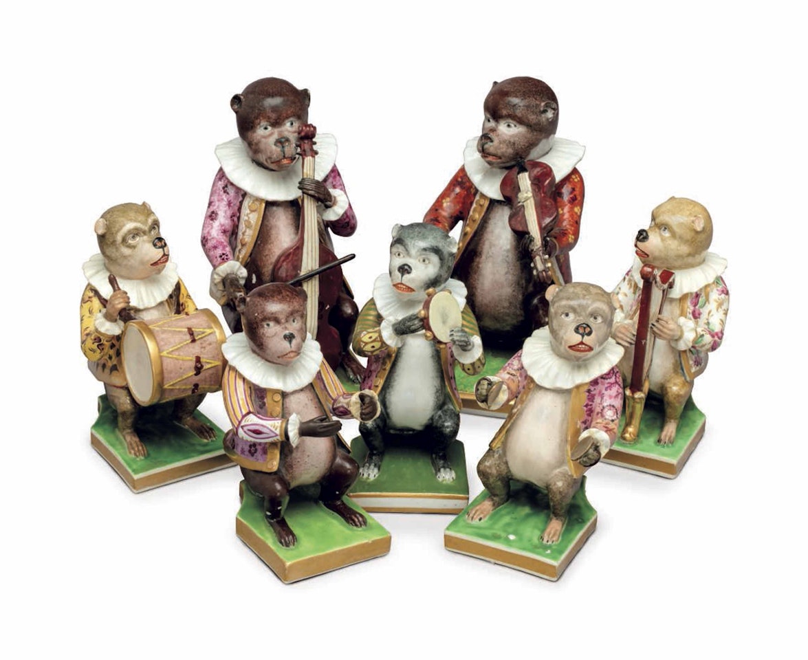 SEVEN DERBY PORCELAIN MODELS OF MUSICIANS FROM A MONKEY BAND by Anonymous