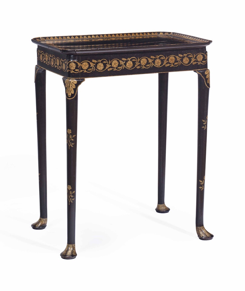 A GEORGE II MAHOGANY BLACK AND CREAM PENWORK SIDE TABLE by Anonymous