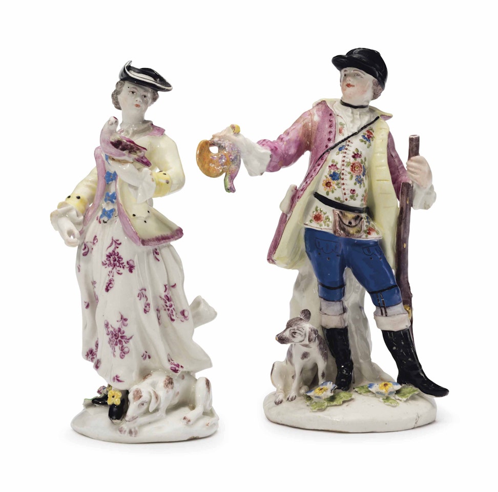 A PAIR OF BOW PORCELAIN FIGURES OF A SPORTSMAN AND COMPANION by Anonymous