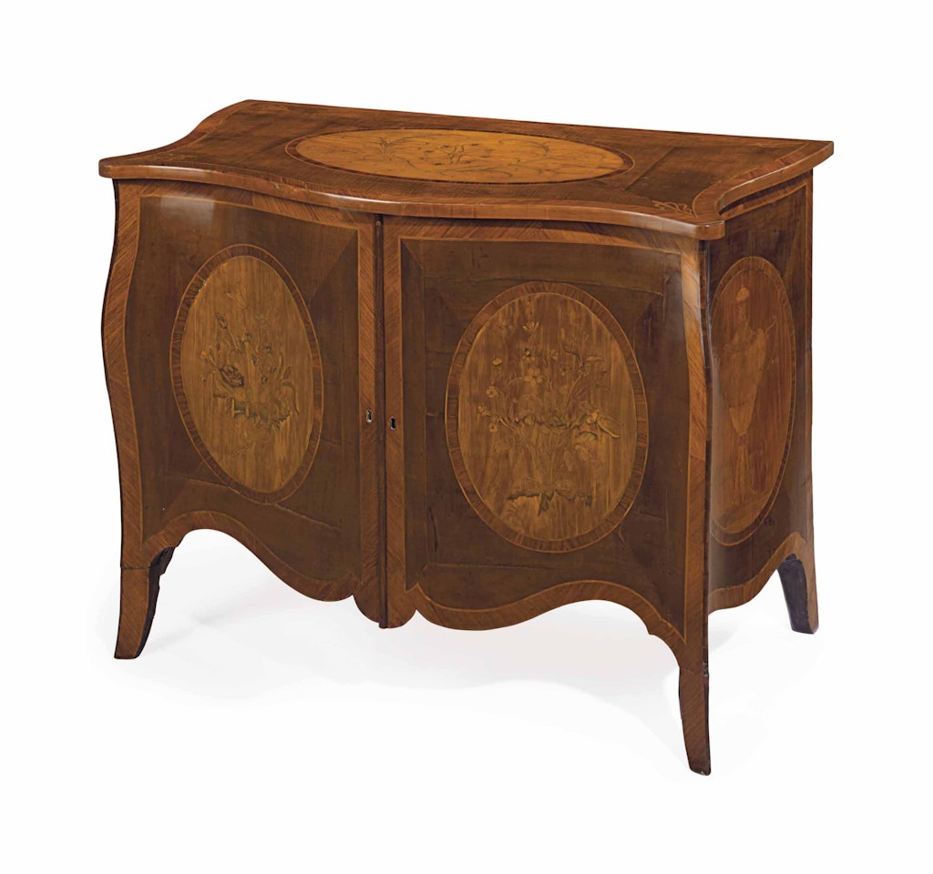 A GEORGE III HAREWOOD, SATINWOOD, TULIPWOOD, KINGWOOD AND MARQUETRY COMMODE by Anonymous