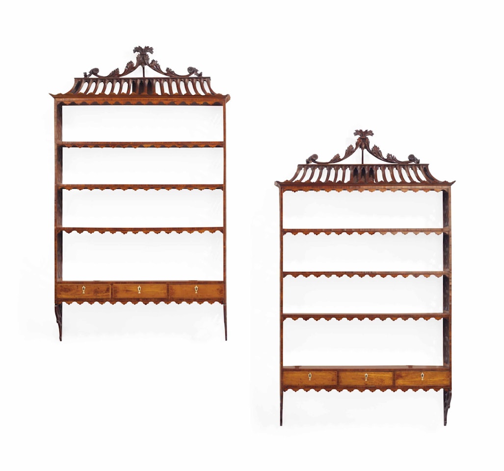 A PAIR OF GEORGE III SATINWOOD AND KINGWOOD HANGING SHELVES by Anonymous