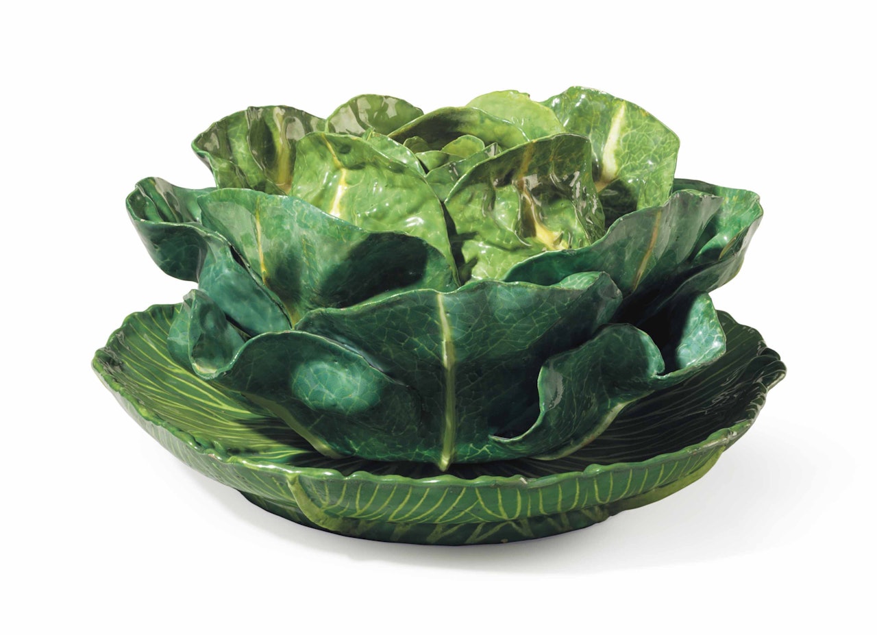 A STRASBOURG FAIENCE CABBAGE TUREEN, COVER AND STAND by Anonymous
