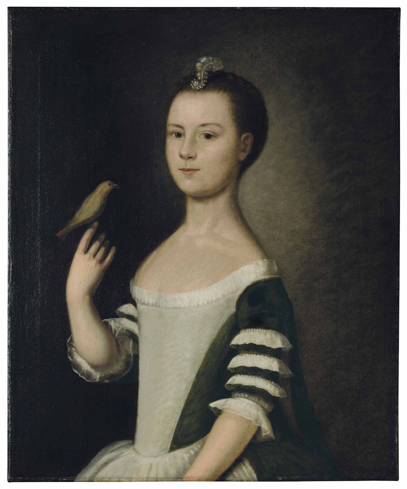 Portrait of a lady, traditionally identified as Penelope Howard, half-length, holding a pet bird by English School