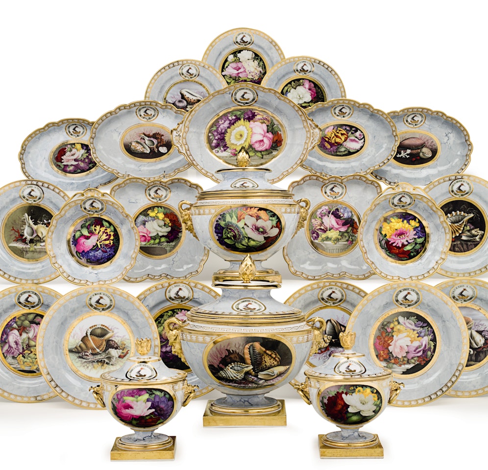 A WORCESTER (BARR, FLIGHT & BARR) PORCELAIN CRESTED FAUX MARBLE GROUND PART DESSERT SERVICE by Anonymous