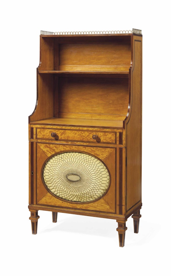 A GEORGE III AMARANTH-INLAID SATINWOOD BOOKCASE-CABINET by Anonymous