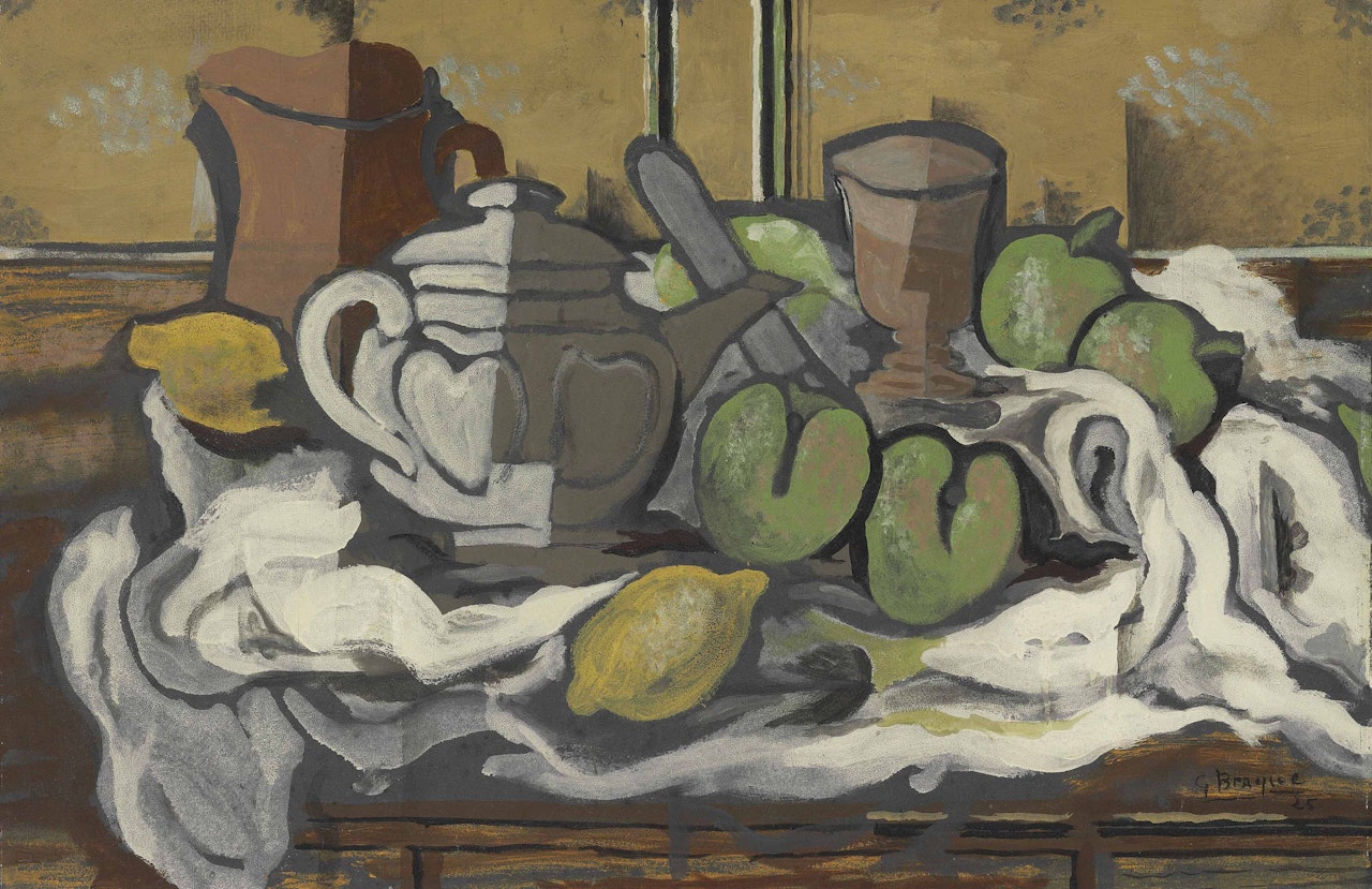 Théière, cruche, verre et fruits by Georges Braque