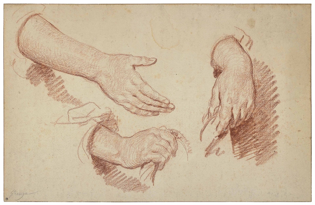 Study of three hands, one holding a basket handle by Jean-Baptiste Greuze
