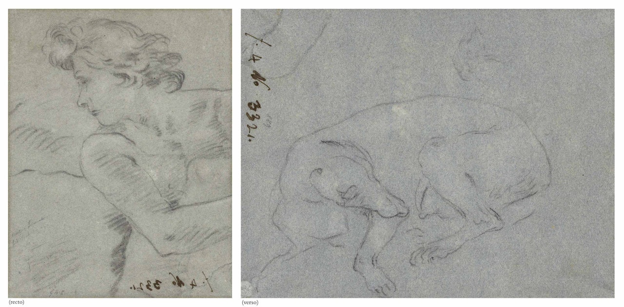 Study of an angel holding a jar, three quarter length (recto); Study of a dog (verso) by Giovanni Battista Tiepolo