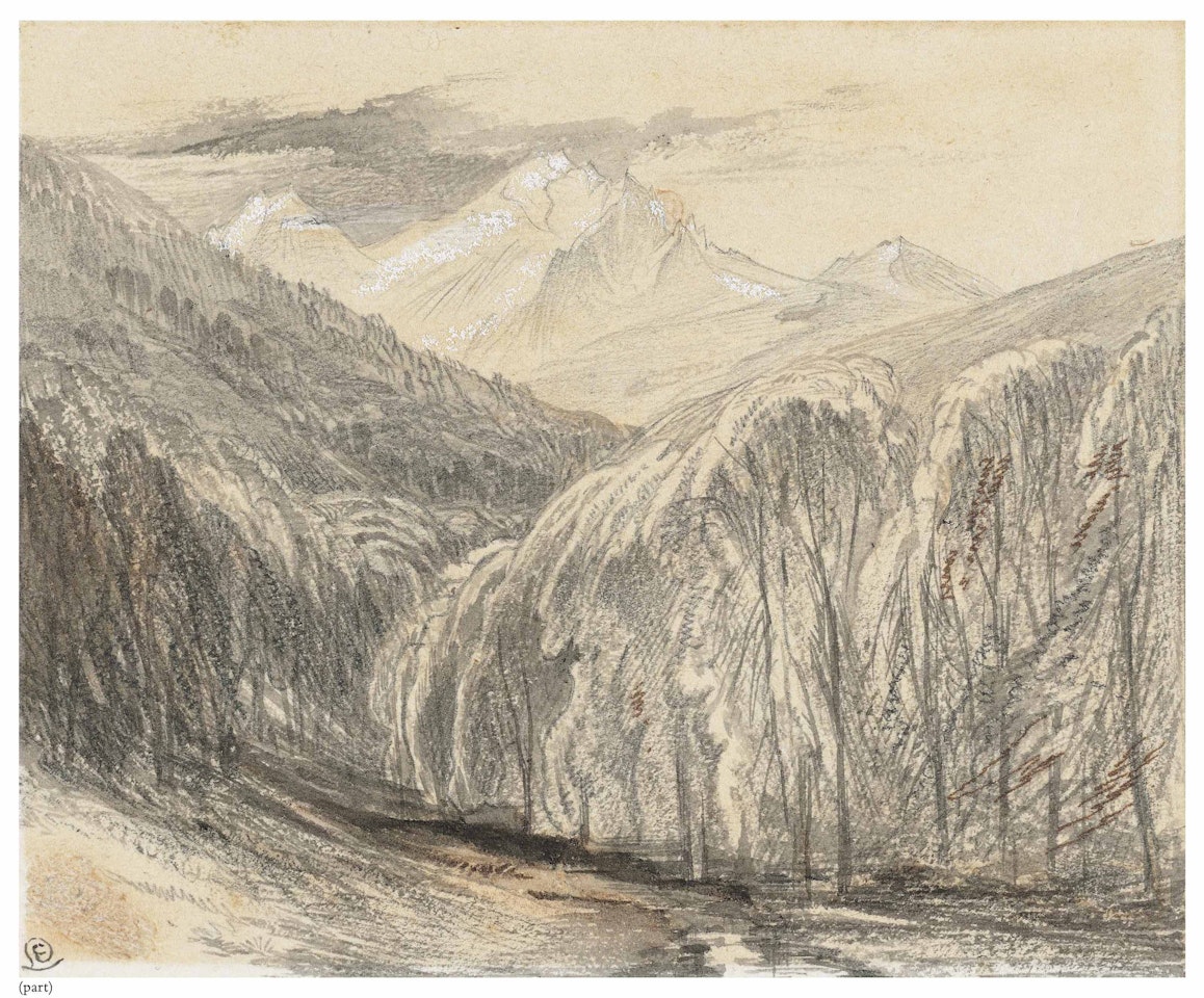 The pass of Monte d'Oro, Corsica; Tor San Eusebio; Figures loading a barge; A tower in the campagna, Rome; and A coastal hilltop castle by Edward Lear