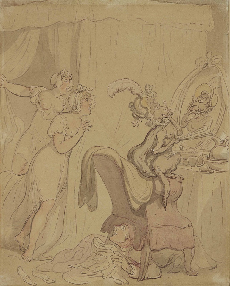 Girls watching a monkey preening itself in a mirror, with a young man under the chair by Thomas Rowlandson