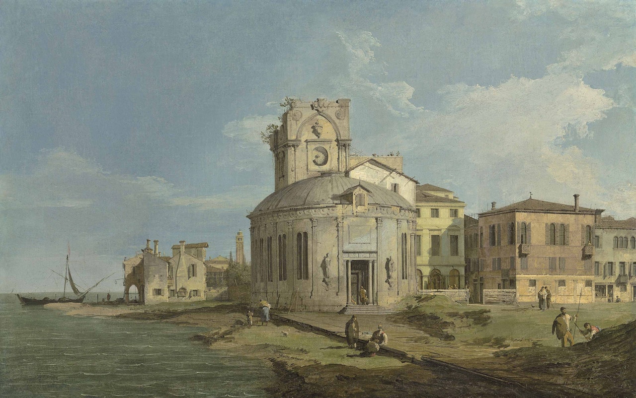 A Venetian Capriccio with an oval church by the Lagoon by Canaletto