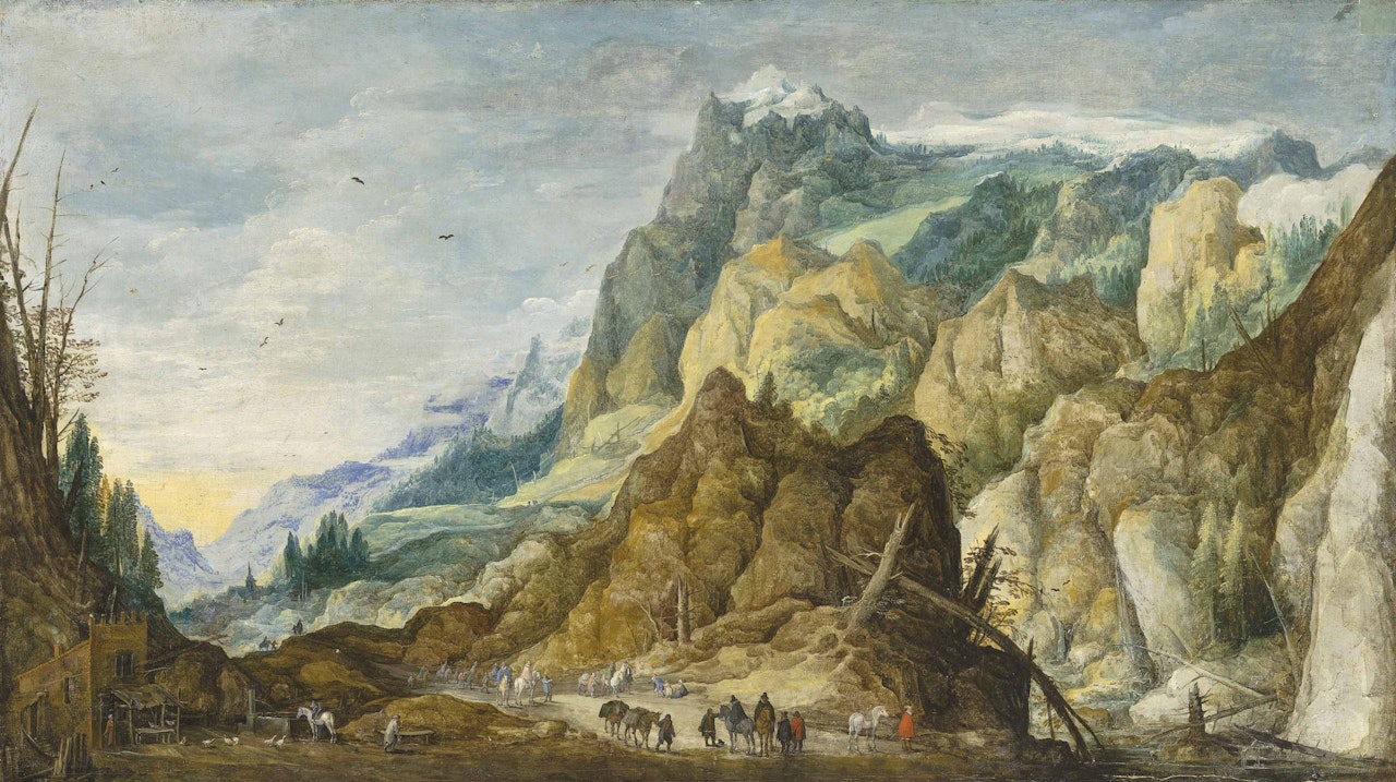 An extensive mountainous landscape with travellers by Joos de Momper the Younger