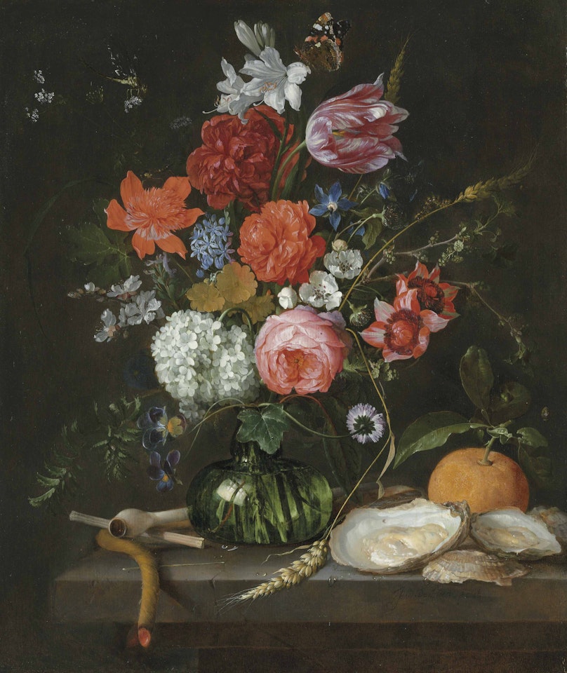 A tulip, roses, apple blossoms, cornflowers and other flowers in a glass vase on a stone ledge, with a pipe, taper, oysters and an orange, with a butterfly by Jan Davidsz de Heem
