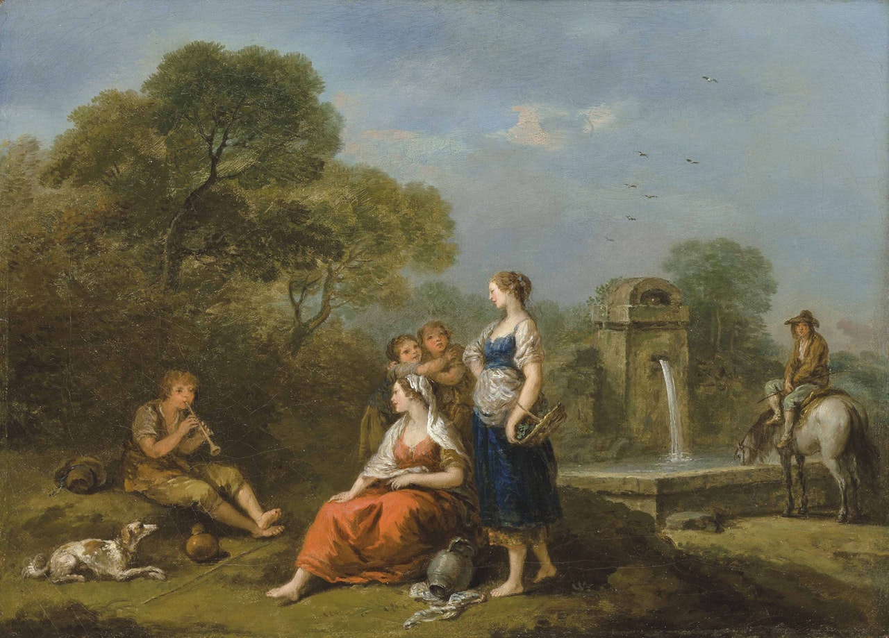 A pastoral landscape with figures at rest by a fountain, listening to a boy making music by Francesco Zuccarelli