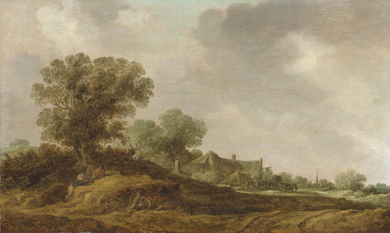 A dune landscape with figures resting by a path, boats on a lake beyond by Jan van Goyen