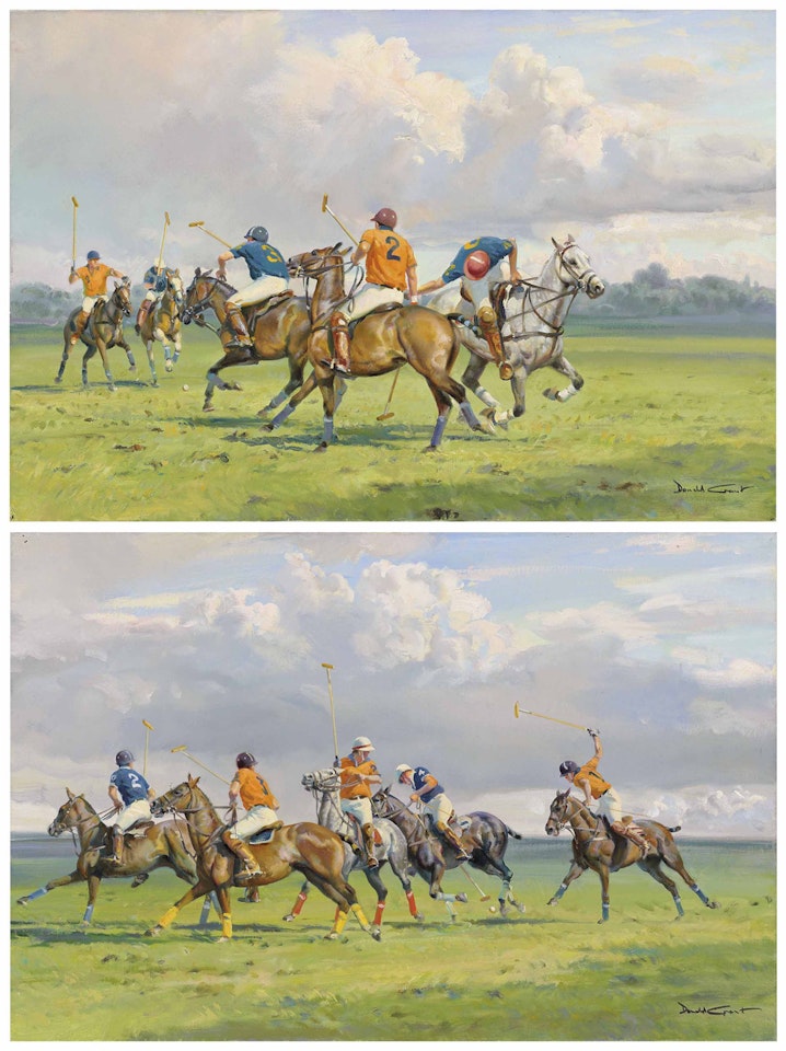 A pair of polo scenes: Going for the ball; and Riding off by Donald Grant