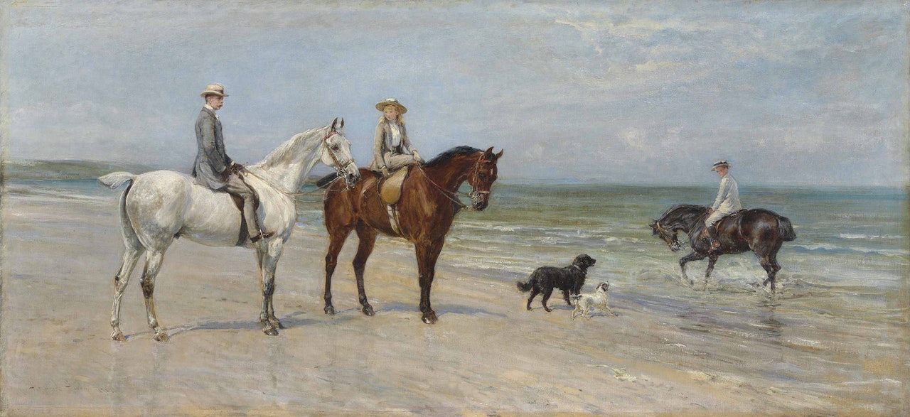 The Leney family out riding, with two dogs, on the Kentish coast by Heywood Hardy