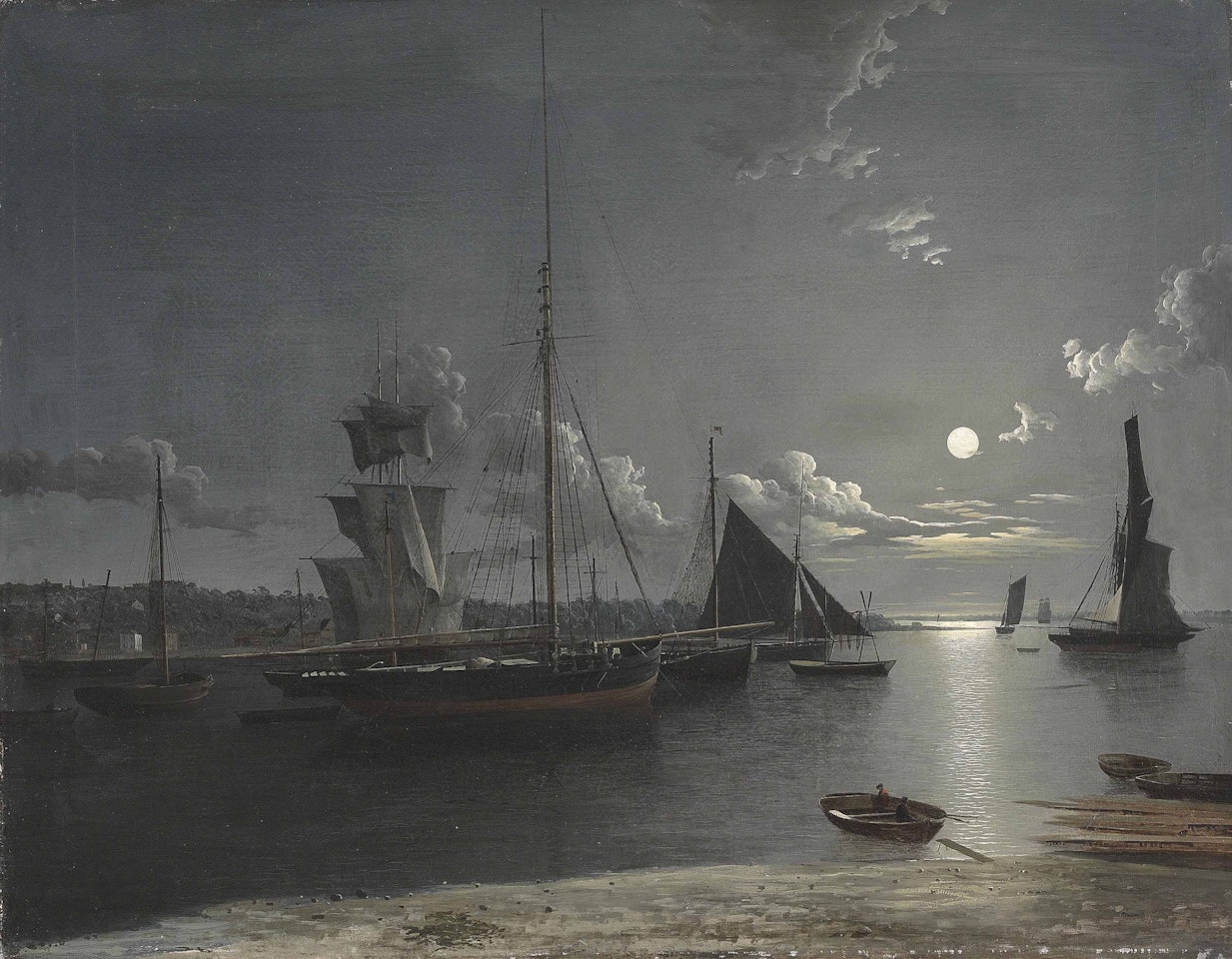 Shipping in the estuary under moonlight by Henry Pether
