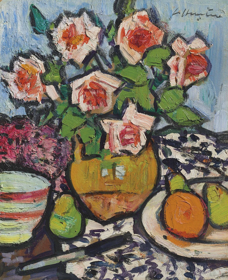 Still Life with Roses, Fruit and Knife by George Leslie Hunter