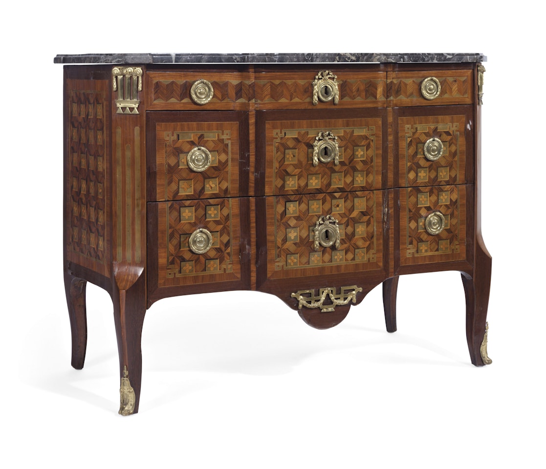A LATE LOUIS XV ORMOLU-MOUNTED TULIPWOOD, KINGWOOD, AMARANTH AND PARQUETRY COMMODE, BY PIERRE DEFRICHE by Anonymous