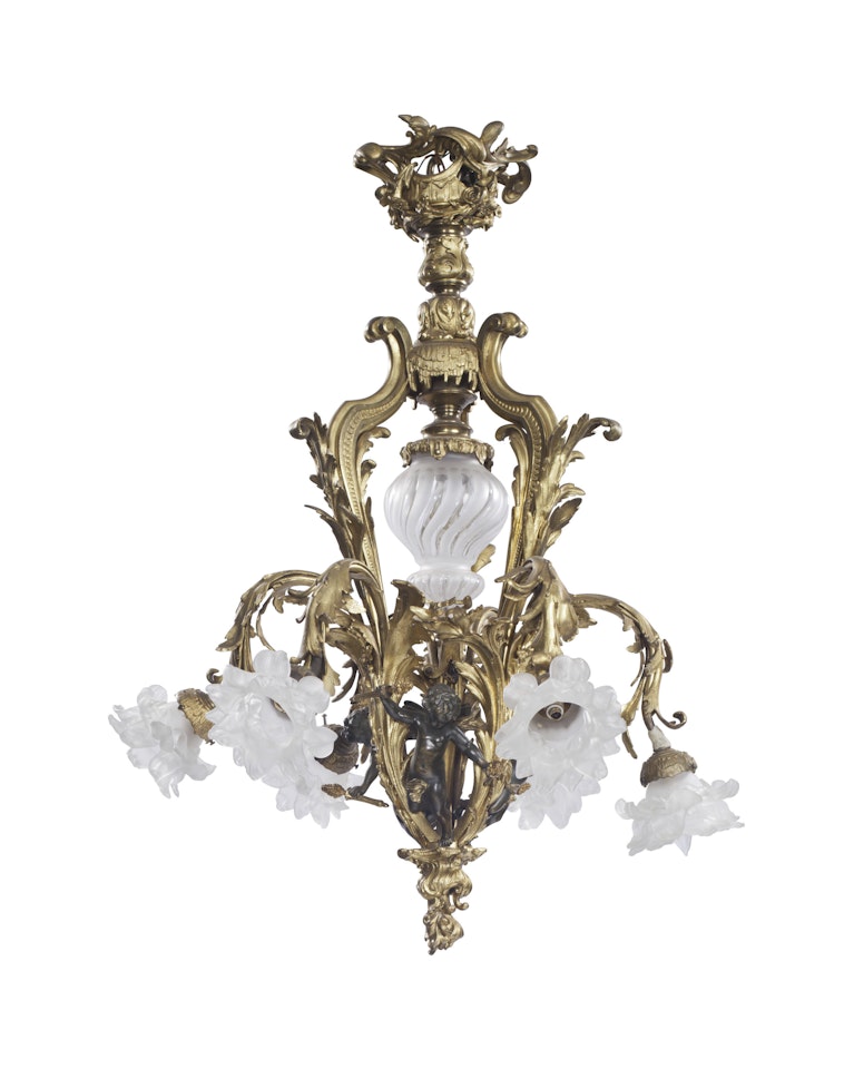 A FRENCH ORMOLU AND PATINATED BRONZE FIGURAL SEVEN-LIGHT CHANDELIER by Anonymous