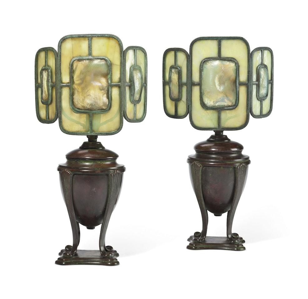 A PAIR OF TURTLEBACK TILE DESK LAMPS by Tiffany Studios
