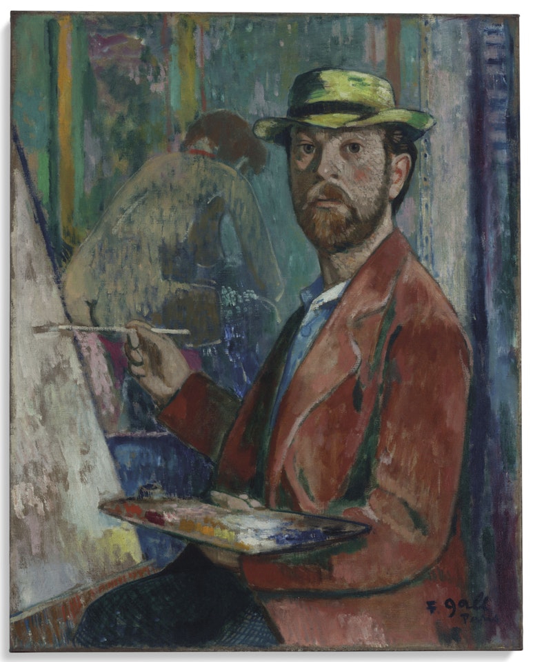 Autoportrait à la veste rouge, au chevalet, Paris by François Gall