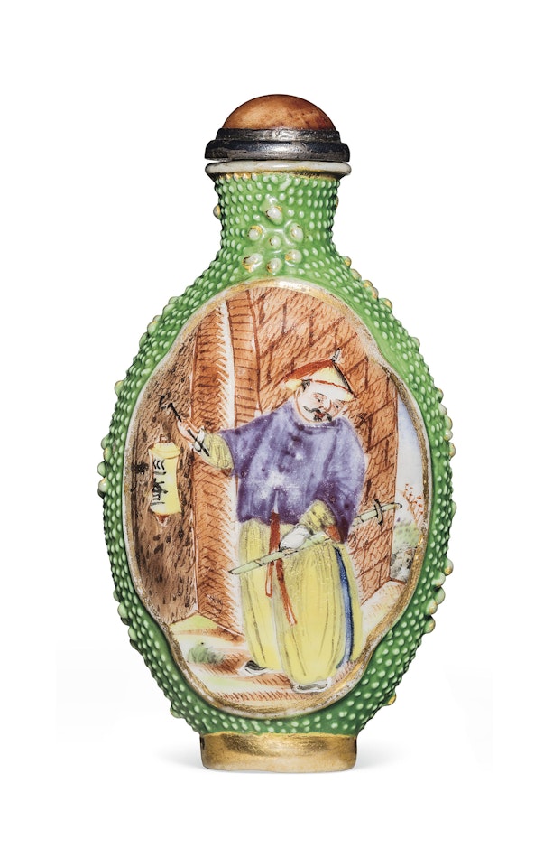 A MOLDED AND ENAMELED EXPORT-STYLE PORCELAIN SNUFF BOTTLE by Anonymous