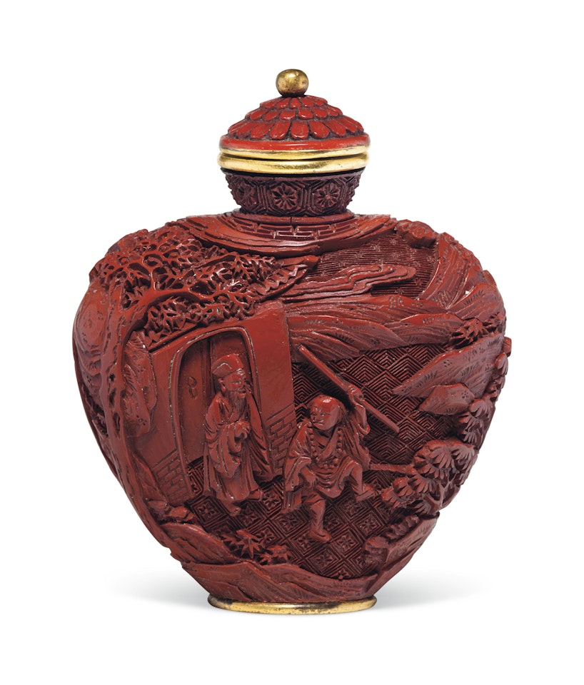 A WELL-CARVED RED LACQUER SNUFF BOTTLE by Anonymous