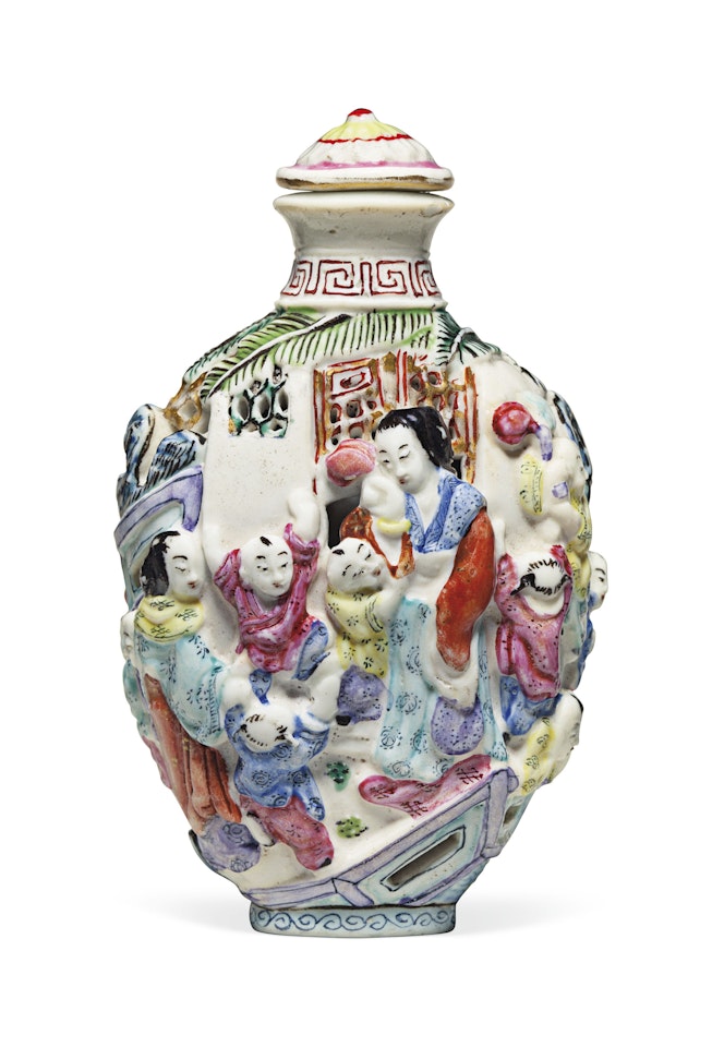 AN ENAMELED AND MOLDED PORCELAIN SNUFF BOTTLE by Anonymous