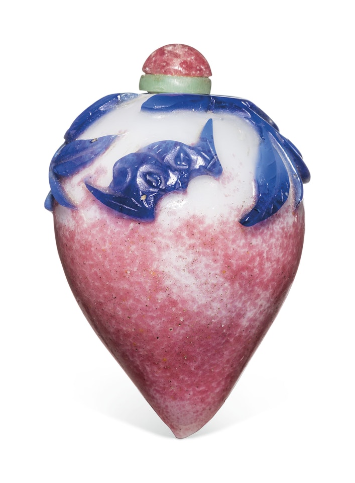 A BLUE-OVERLAY WHITE AND PINK GLASS PEACH-FORM SNUFF BOTTLE by Anonymous