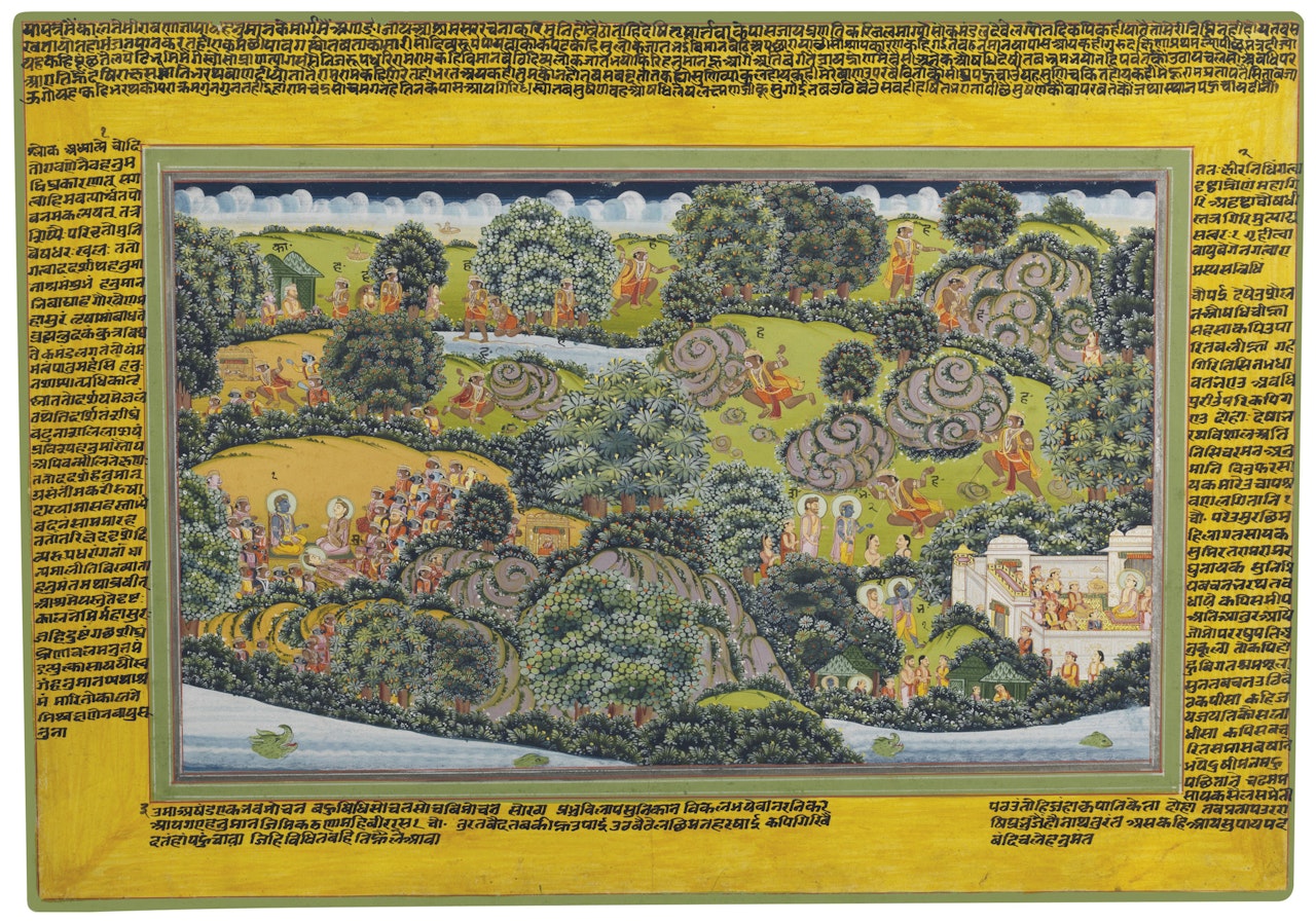AN ILLUSTRATION FROM A RAMAYANA SERIES: HANUMAN BRINGS A MOUNTAIN FROM THE HIMALAYAS TO THE INJURED LAKSHMANA by Anonymous