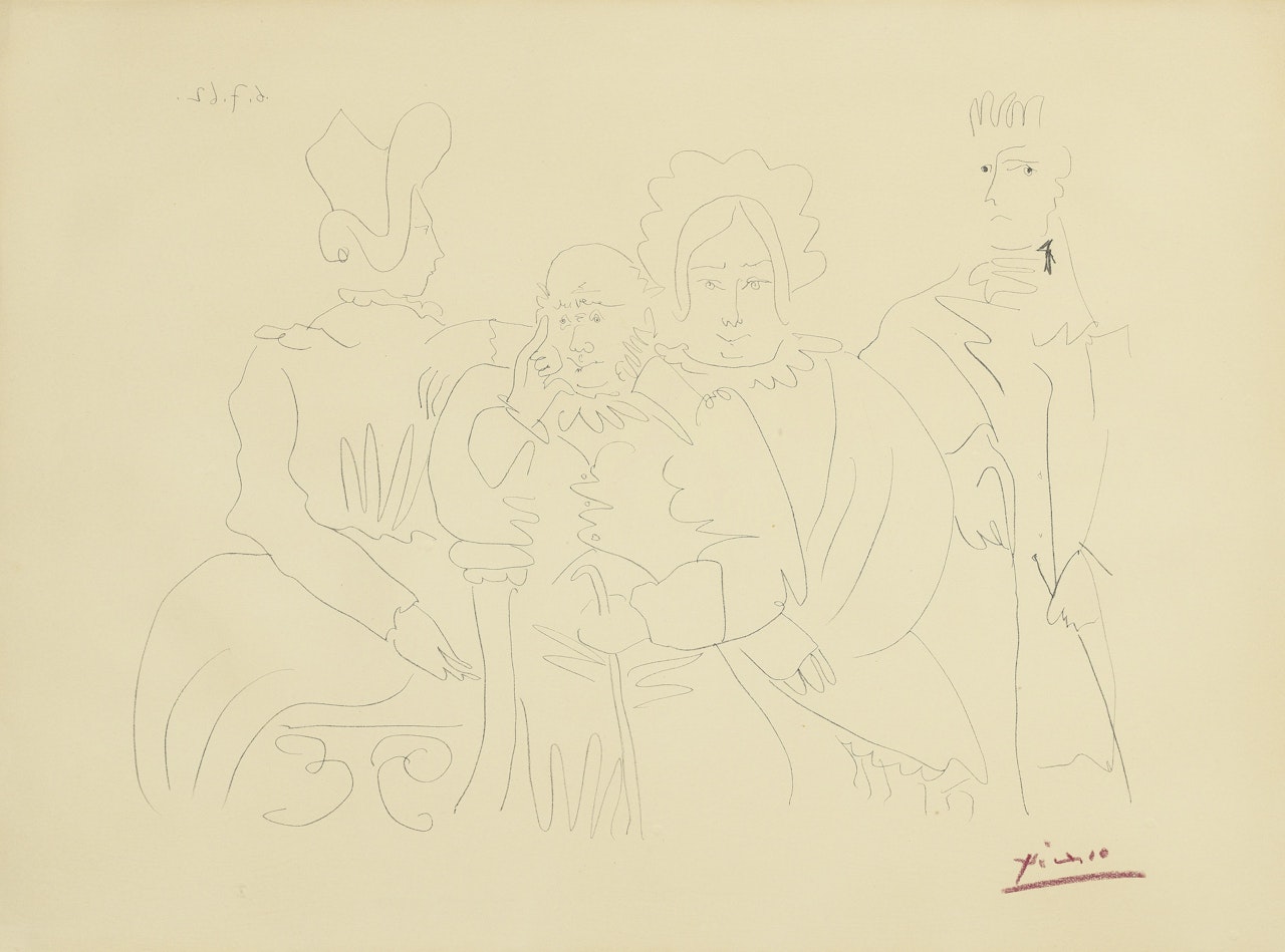 Portrait de famille, quatre personnages dont trois assis by Pablo Picasso