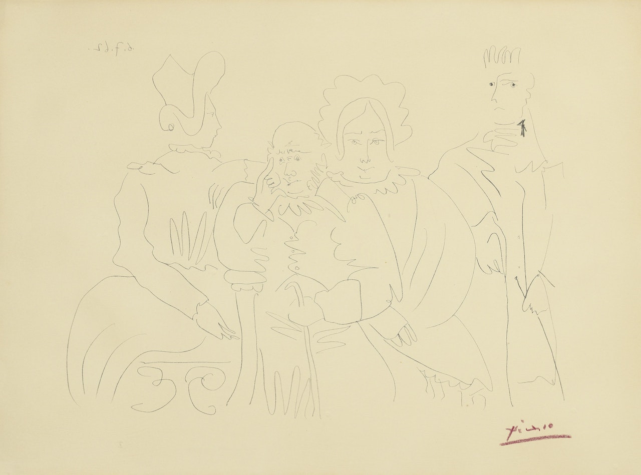 Portrait de famille, quatre personnages dont trois assis by Pablo Picasso