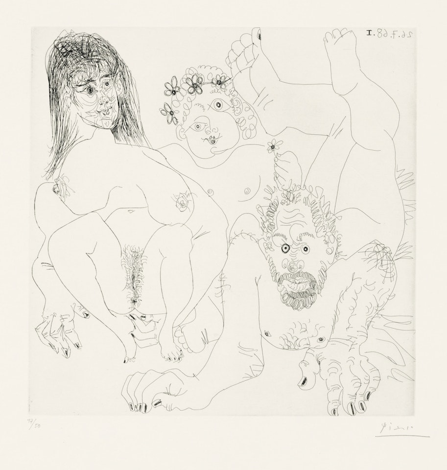 Couple aux champ, avec un putto couronné de fleurs, from: Series 347 by Pablo Picasso