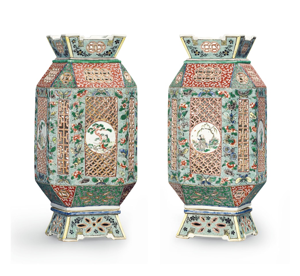 A VERY RARE PAIR OF FAMILLE VERTE RETICULATED LANTERNS AND STANDS by Anonymous