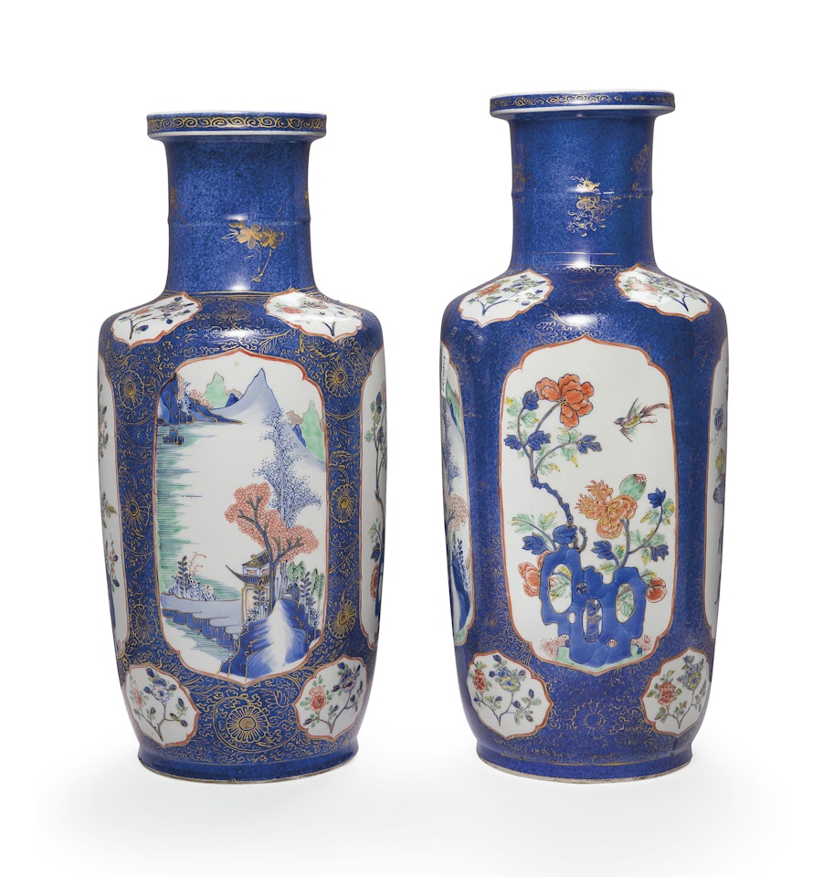 A FINE PAIR OF POWDER-BLUE-GROUND FAMILLE VERTE ROULEAU VASES by Anonymous