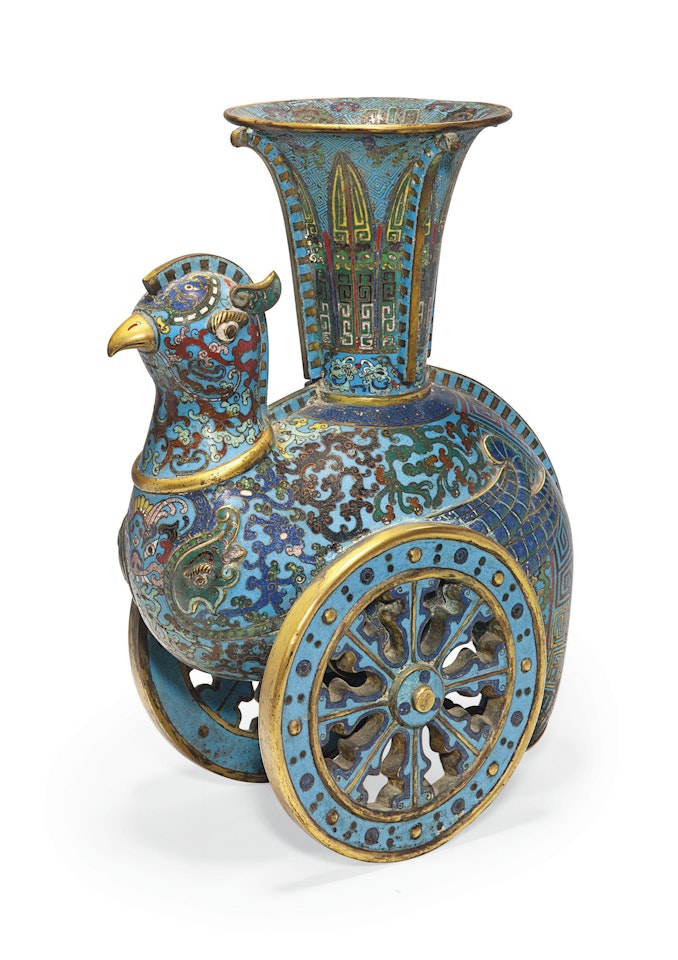 A RARE CLOISONNÉ ENAMEL ARCHAISTIC 'WHEELED' PHOENIX-FORM VASE, ZUN by Anonymous