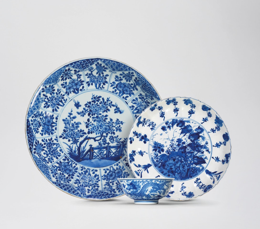 TWO BLUE AND WHITE DISHES AND A BLUE AND WHITE ‘DRAGON’ BOWL by Anonymous