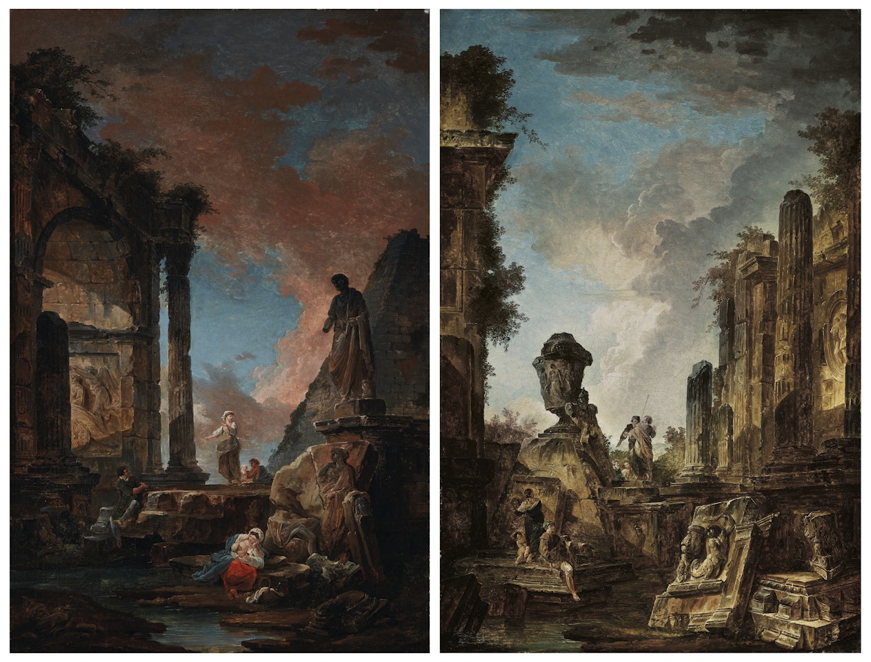 A capriccio of classical ruins with a giant urn and men conversing; and A capriccio of an apse, pyramid and other ruins with classical sculpture and a woman nursing by Hubert Robert